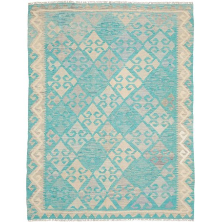 Tappeto Kilim Afghanistan Astratto Turchese Bianco Crema Gri