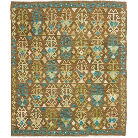 Tappeto Kilim Afghanistan Geometrico Marrone Terra Blu Verde