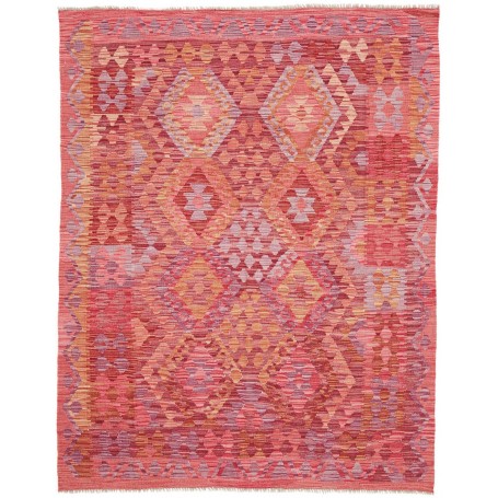 Tappeto Kilim Afghanistan Geometrico Rosso Rosa Arancio Lava