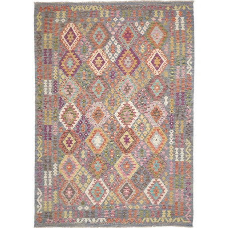 Tappeto Kilim Afghanistan Geometrico Grigio Blu Giallo Aranc