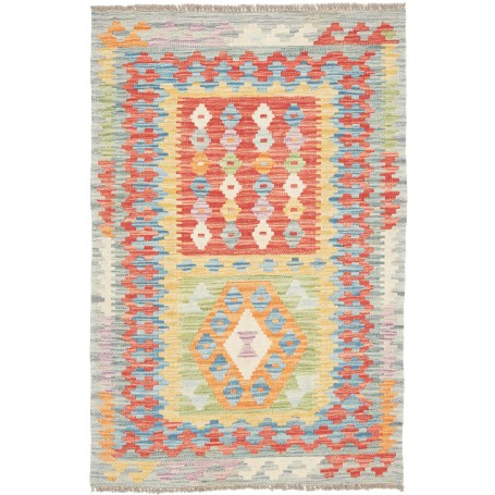 Tappeto Kilim Afghanistan Geometrico Grigio Chiaro Blu Rosso