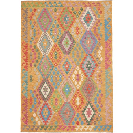 Tappeto Kilim Afghanistan Geometrico Giallo Ocra Verde Rosa