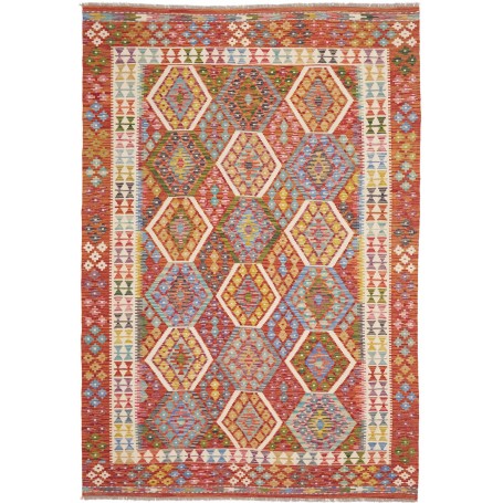 Tappeto Kilim Afghanistan Geometrico Rosso Arancio Blu Verde