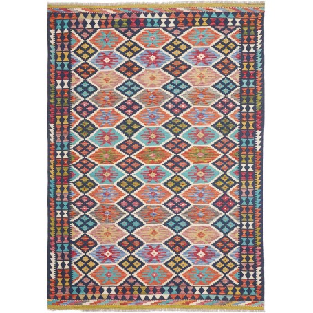 Tappeto Kilim Afghanistan Geometrico Blu Navy Turchese Aranc
