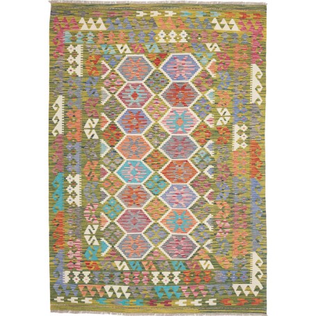 Tappeto Kilim Afghanistan Astratto Verde Oliva Celeste Rosso