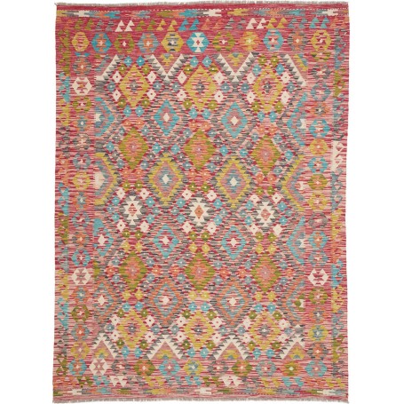 Tappeto Kilim Afghanistan Geometrico Rosso Rosa Blu Turchese