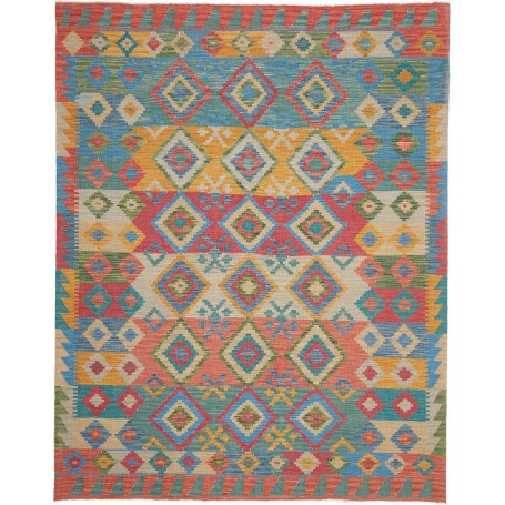 Tappeto Kilim Afghanistan Astratto Celeste Corallo Giallo Cr
