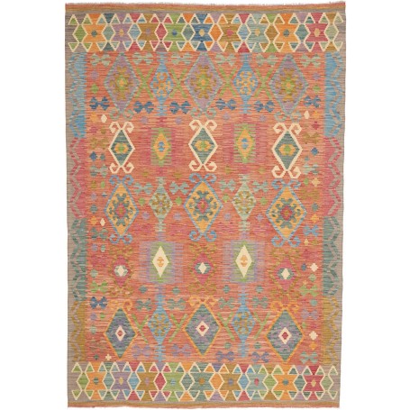 Tappeto Kilim Afghanistan Geometrico Rosso Mattone Blu Verde