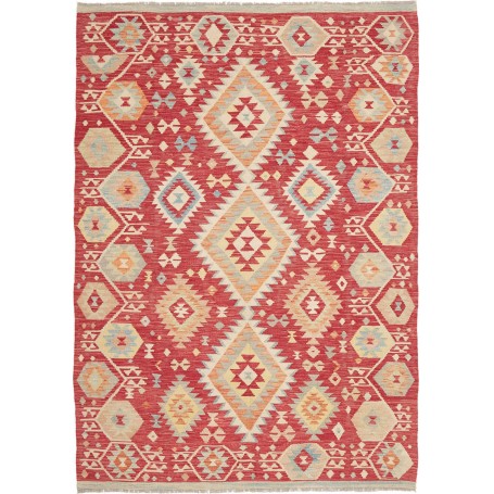 Tappeto Kilim Afghanistan Astratto Rosso Profondo Crema Azzu