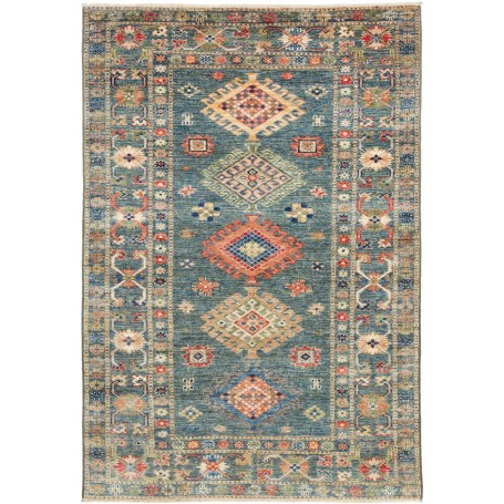 Tappeto Kazak Fine Pakistan Geometrico Verde Ottanio Arancione 103x154 Cm