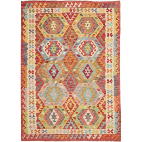Tappeto Kilim Afghanistan Geometrico Rosso Terracotta Azzurro 177x250 Cm