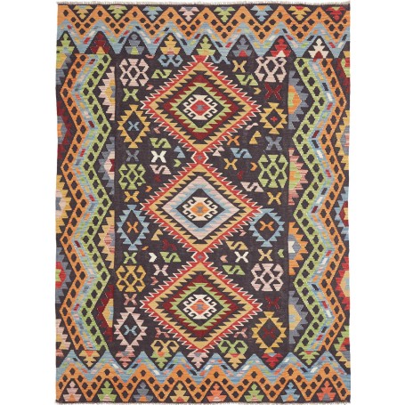 Tappeto Kilim Afghanistan Geometrico Grigio Scuro Arancione 175x240 Cm