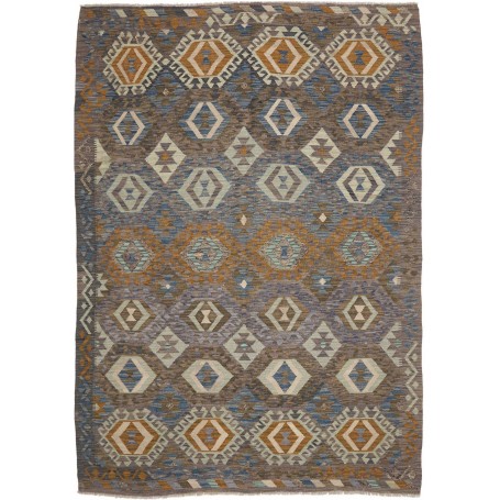 Tappeto Kilim Afghanistan Geometrico Blu Grigio Marrone Ocra 179x252 Cm