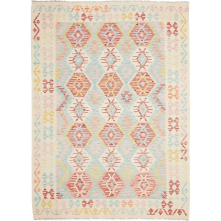 Tappeto Kilim Afghanistan Geometrico Azzurro Pastello Bordeaux 180x243 Cm