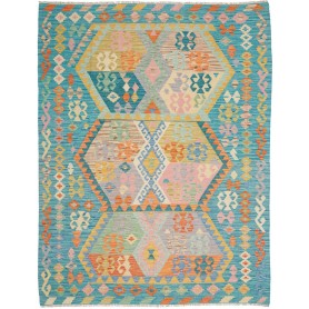 Tappeto Kilim Afghanistan Geometrico Turchese Multicolore 177x228 Cm