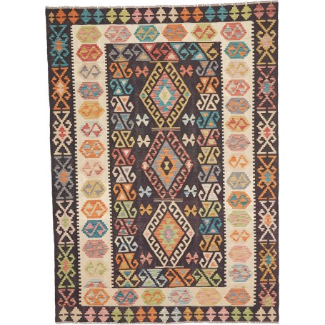 Tappeto Kilim Afghanistan Geometrico Marrone Scuro Multicolore 175x242 Cm