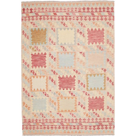 Tappeto Kilim Afghanistan Geometrico Crema Rosso Chiaro 176x249 Cm