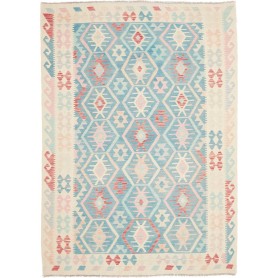 Tappeto Kilim Afghanistan Geometrico Blu Celeste Crema 176x242 Cm