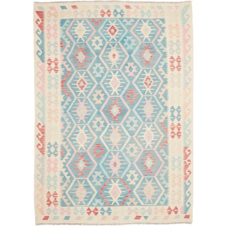 Tappeto Kilim Afghanistan Geometrico Blu Celeste Crema 176x242 Cm