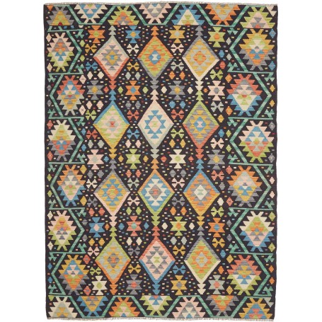 Tappeto Kilim Afghanistan Geometrico Nero Multicolore Pastello 175x237 Cm