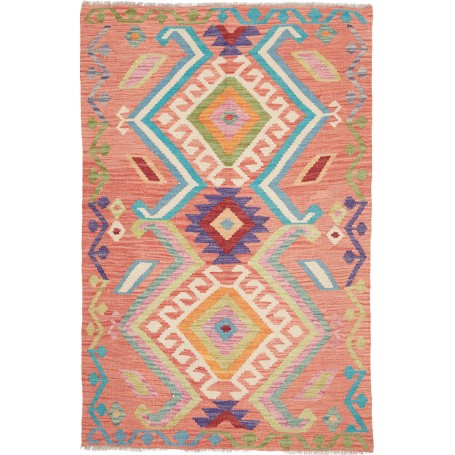 Tappeto Kilim Afghanistan Geometrico Arancio Pesca Multicolore 101x156 Cm