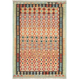 Tappeto Kilim Afghanistan Geometrico Terracotta Azzurro 104x151 Cm
