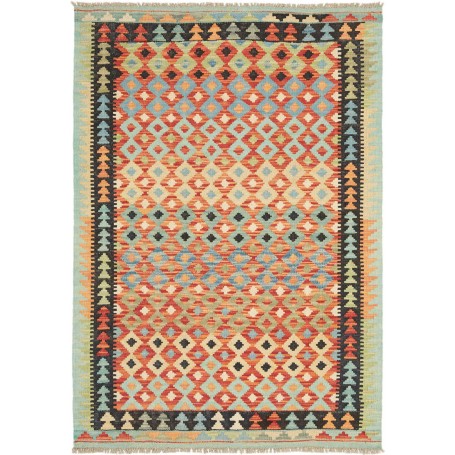 Tappeto Kilim Afghanistan Geometrico Terracotta Azzurro 104x151 Cm
