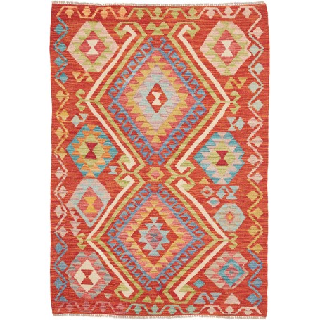 Tappeto Kilim Afghanistan Geometrico Rosso Arancio Multicolore 102x146 Cm