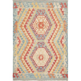 Tappeto Kilim Afghanistan Geometrico Azzurro Cielo Rosso Arancio 107x153 Cm