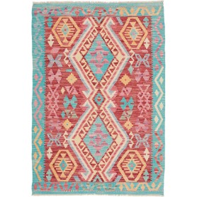 Tappeto Kilim Afghanistan Geometrico Rosso Turchese 100x141 Cm