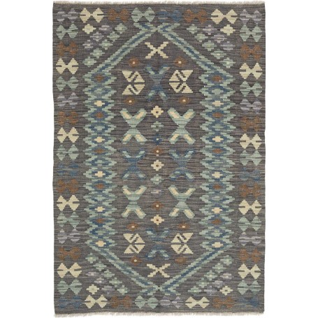 Tappeto Kilim Afghanistan Geometrico Grigio Carbone Blu Verde Acqua 101x149 Cm