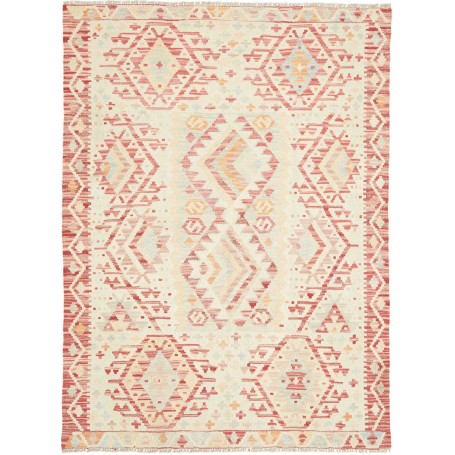 Tappeto Kilim Afghanistan Geometrico Crema Rosso 109x146 Cm