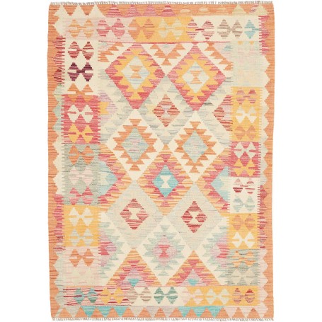 Tappeto Kilim Afghanistan Geometrico Bianco Multicolore Pastello 105x146 Cm