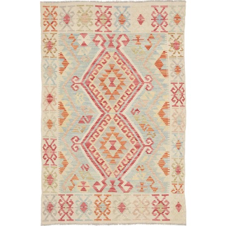 Tappeto Kilim Afghanistan Geometrico Rosso Arancione Azzurro Crema 97x148 Cm