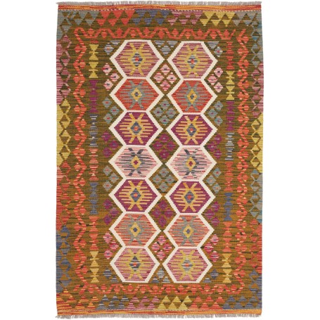 Tappeto Kilim Afghanistan Geometrico Verde Oliva Bordeaux 121x185 Cm