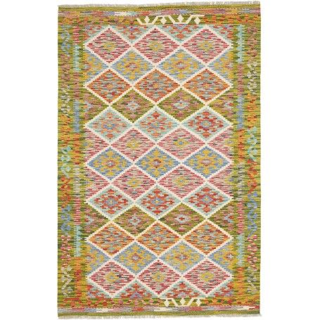Tappeto Kilim Afghanistan Geometrico Verde Multicolore 124x190 Cm