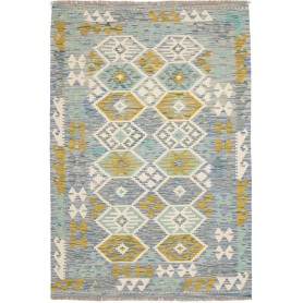 Tappeto Kilim Afghanistan Geometrico Blu Azzurro Giallo Senape 127x188 Cm