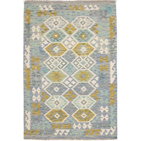 Tappeto Kilim Afghanistan Geometrico Blu Azzurro Giallo Senape 127x188 Cm