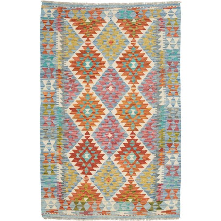 Tappeto Kilim Afghanistan Geometrico Azzurro Arancio 127x197 Cm