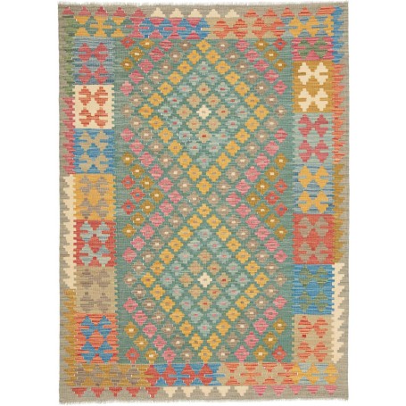 Tappeto Kilim Afghanistan Geometrico Verde Acqua Giallo Oro 132x178 Cm