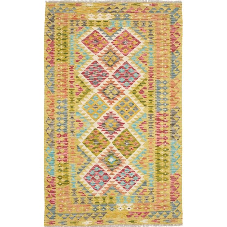 Tappeto Kilim Afghanistan Geometrico Giallo Verde Rosso Turchese 118x195 Cm