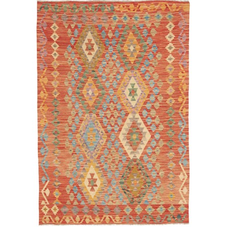 Tappeto Kilim Afghanistan Geometrico Rosso Arancio Multicolore Pastello 125x184 Cm