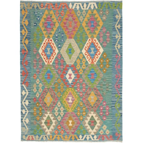 Tappeto Kilim Afghanistan Geometrico Blu Verde Multicolore 127x173 Cm