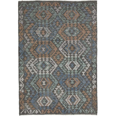 Tappeto Kilim Afghanistan Geometrico Grigio Blu Marrone Menta 128x185 Cm