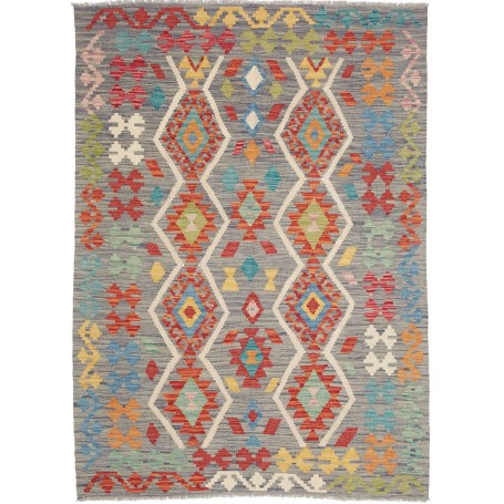 Tappeto Kilim Afghanistan Geometrico Grigio Multicolore 126x182 Cm