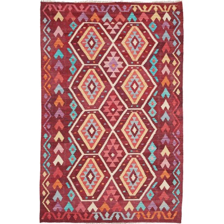 Tappeto Kilim Afghanistan Geometrico Bordeaux Turchese 123x187 Cm