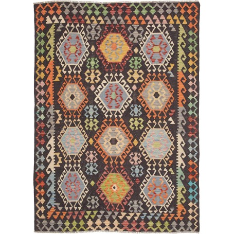 Tappeto Kilim Afghanistan Geometrico Marrone Scuro Multicolore 151x207 Cm