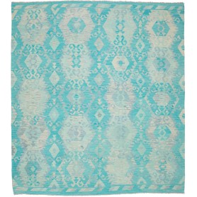 Tappeto Kilim Afghanistan Geometrico Turchese Crema 253x284 Cm