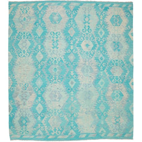 Tappeto Kilim Afghanistan Geometrico Turchese Crema 253x284 Cm