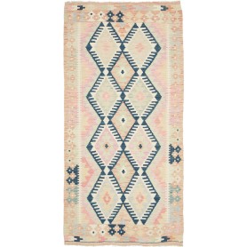 Tappeto Kilim Afghanistan Geometrico Crema Rosa Blu Scuro 97x194 Cm